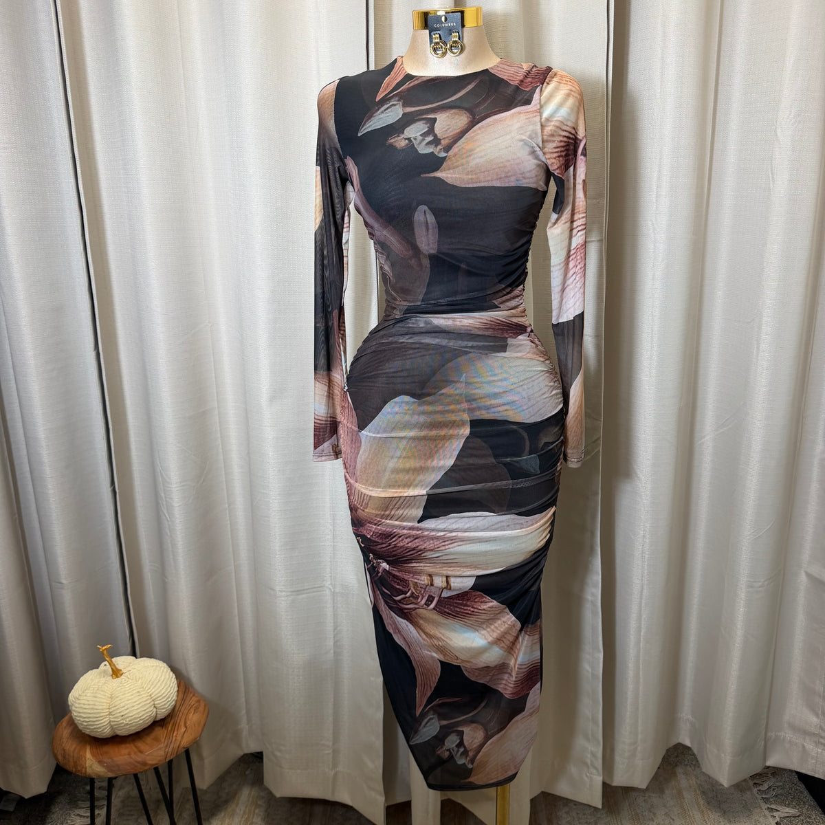 Big Flower Mesh Shirring Midi Dress-Brown Combo