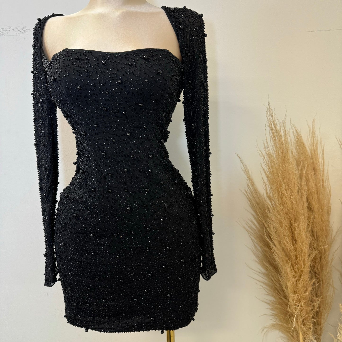 Square Neck Embesllised Dress-Black1