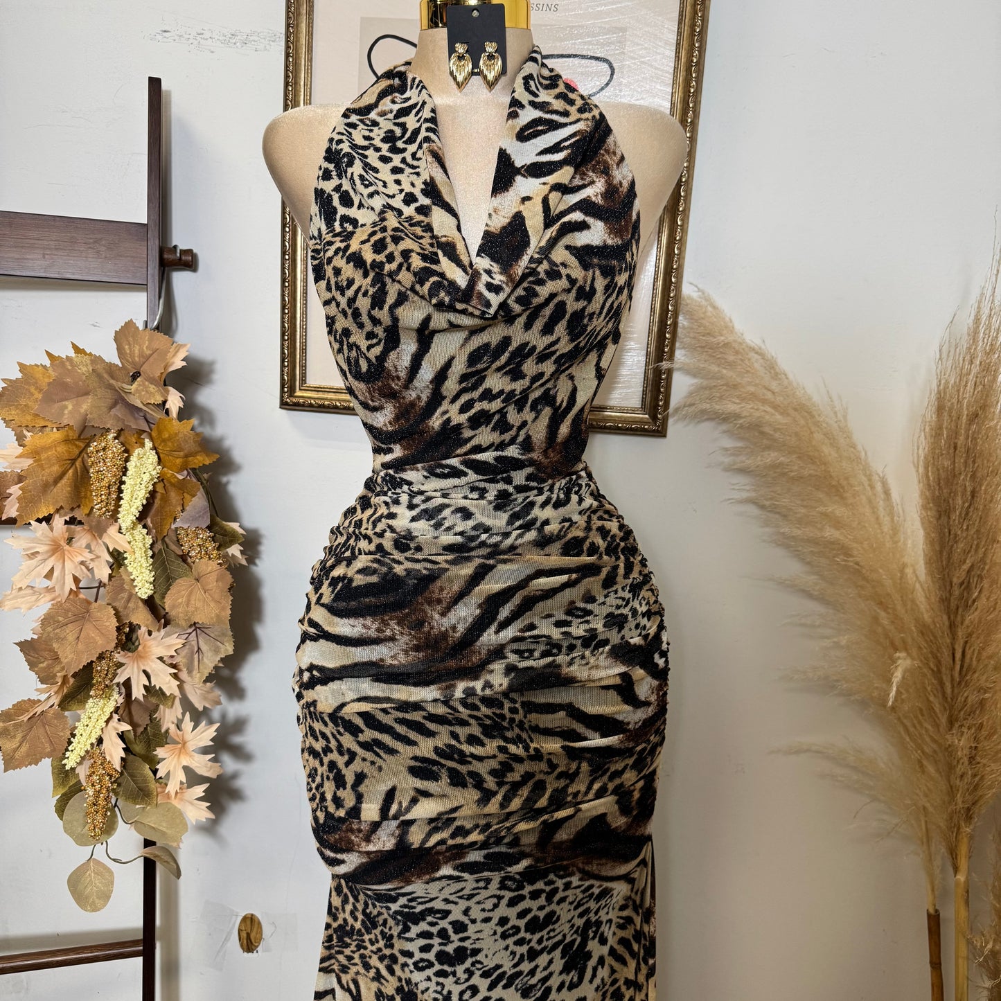 Deep Plunge Halter Cowl Neck Tiger Print a-Line Midi Dress-Brown/Black