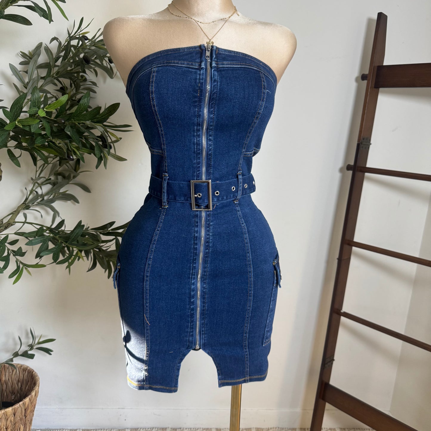 Cargo Strapless Denim Dress-Denim
