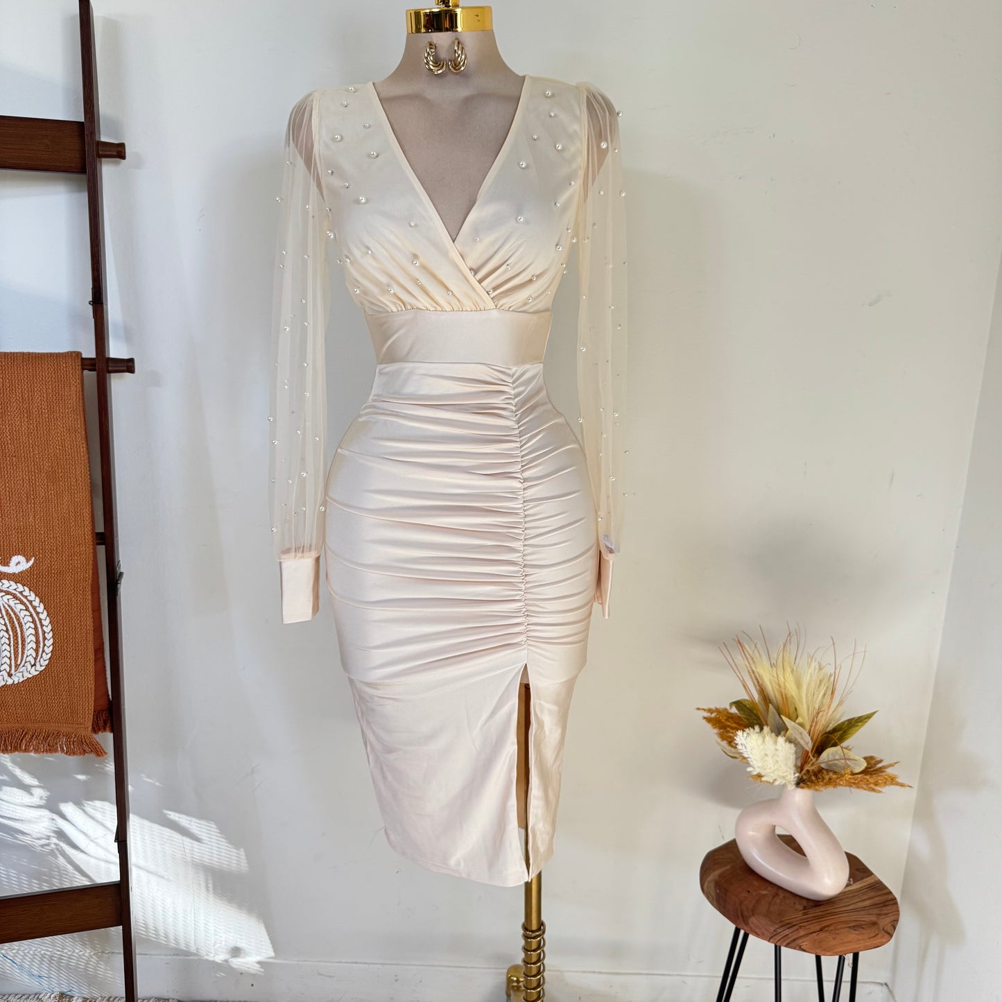 Pearl Beaded Mesh Power Satin Midi Dress-Cream