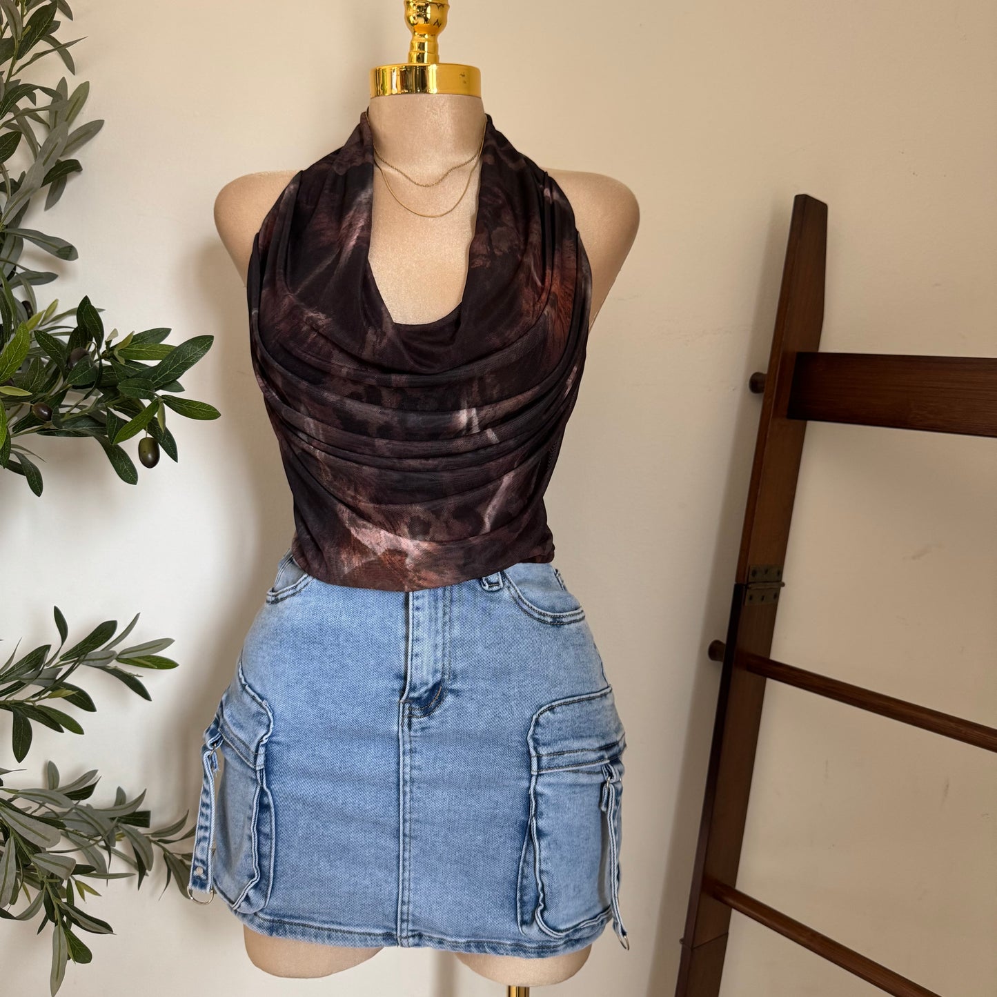 Cowl Neck Mesh Print Lining Top-Brown