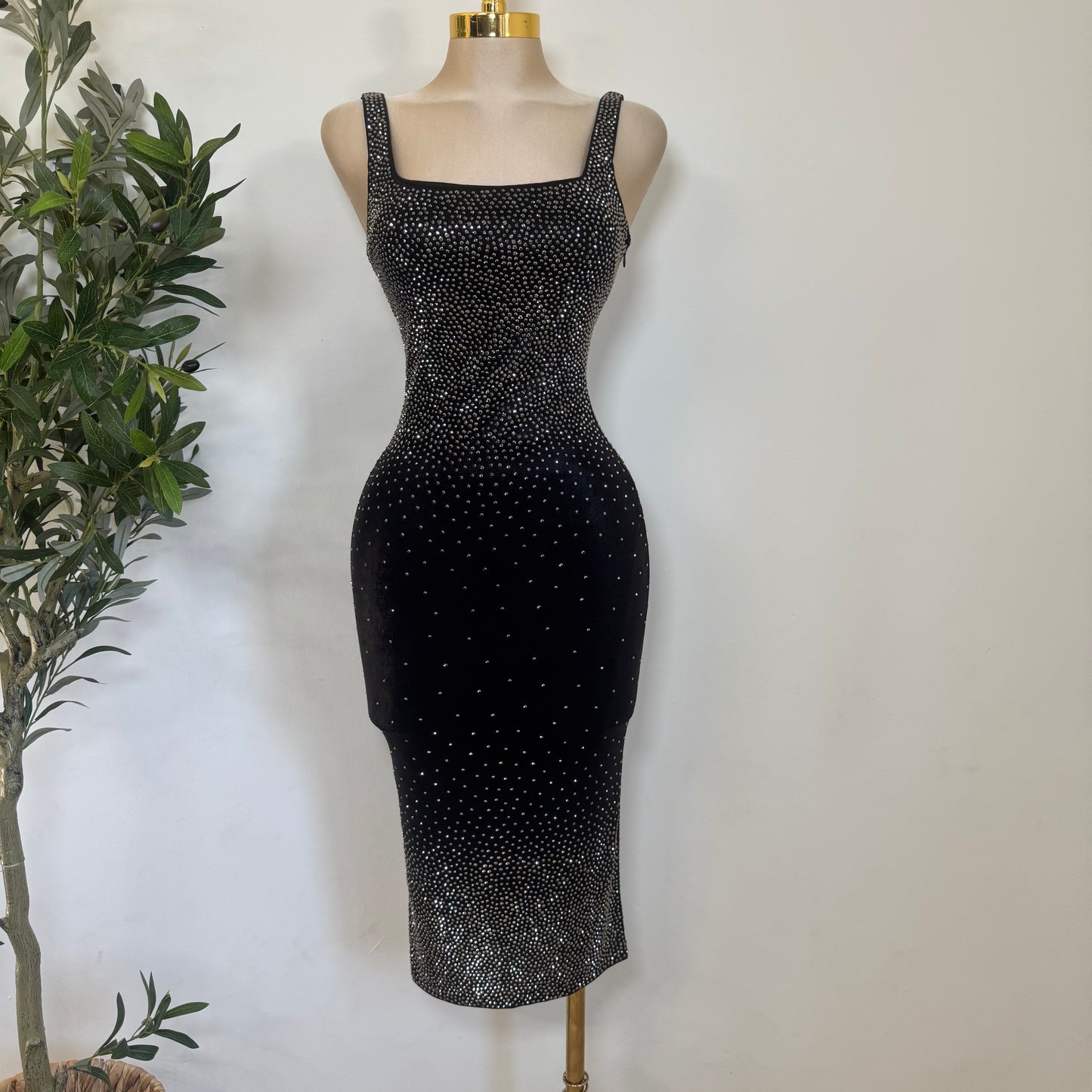 Rhinestone Midi Dress Square Neck Sleeveless-Black