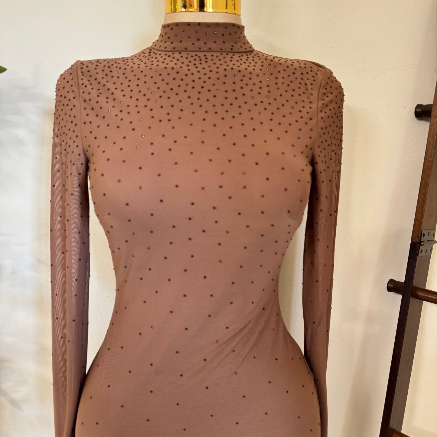 Mesh Mock Dress Rhinestone Open Back Mini Dress-Mocha