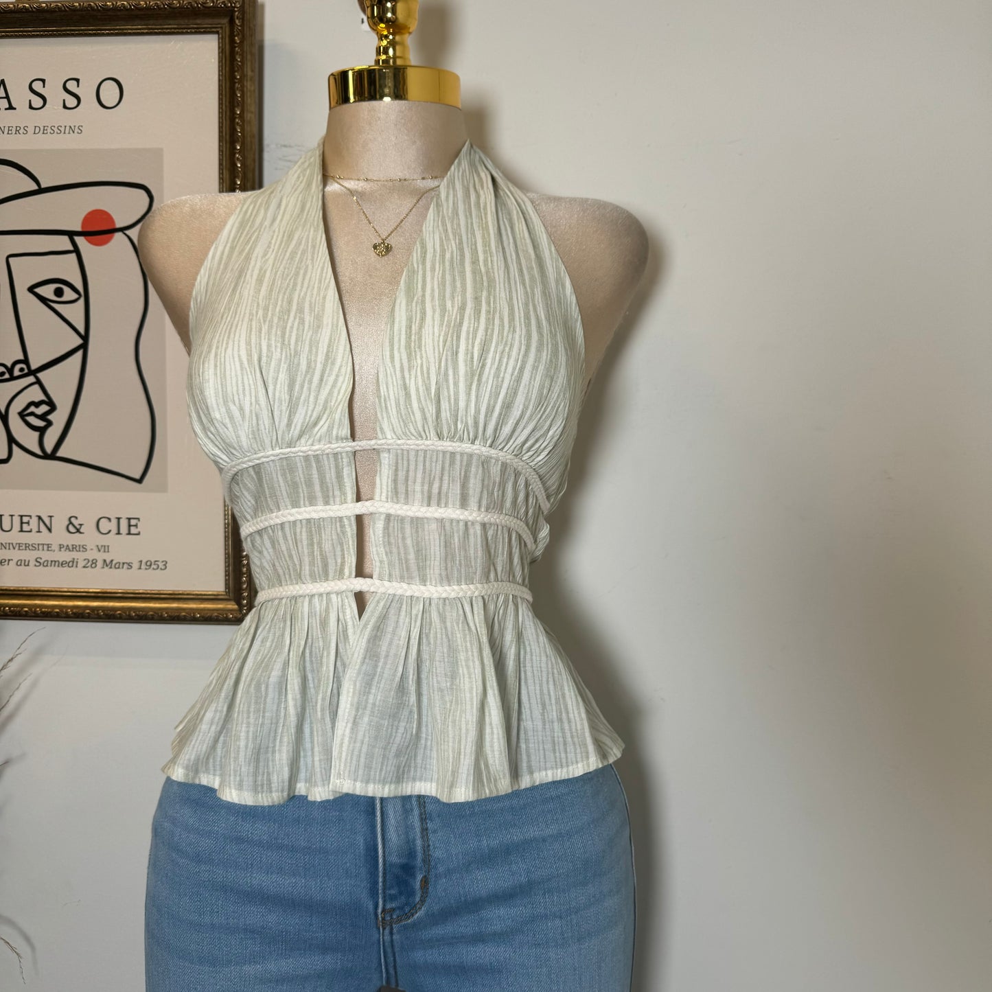 CRINKLE WOVEN PRINT BRAID DETAIL HALTER NECK TOP-Sage