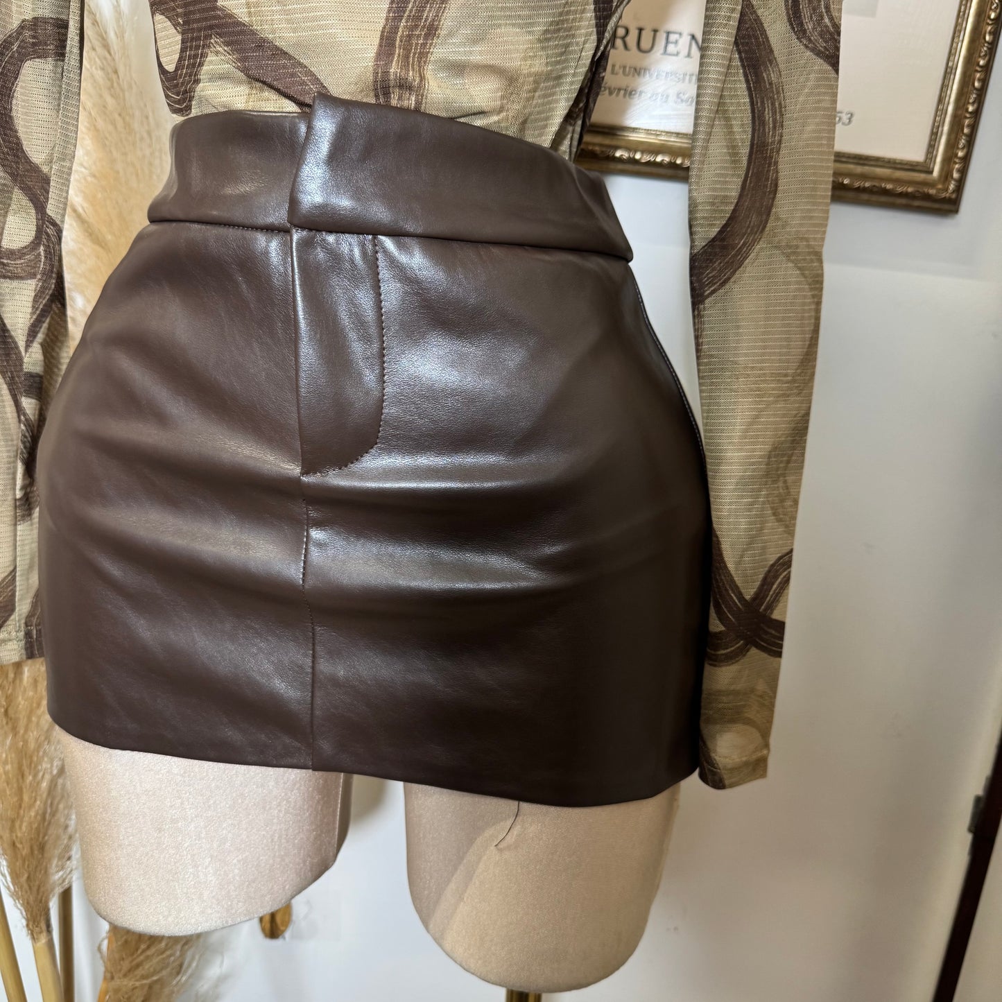Faux Leather Mini Skirt-Chocolate