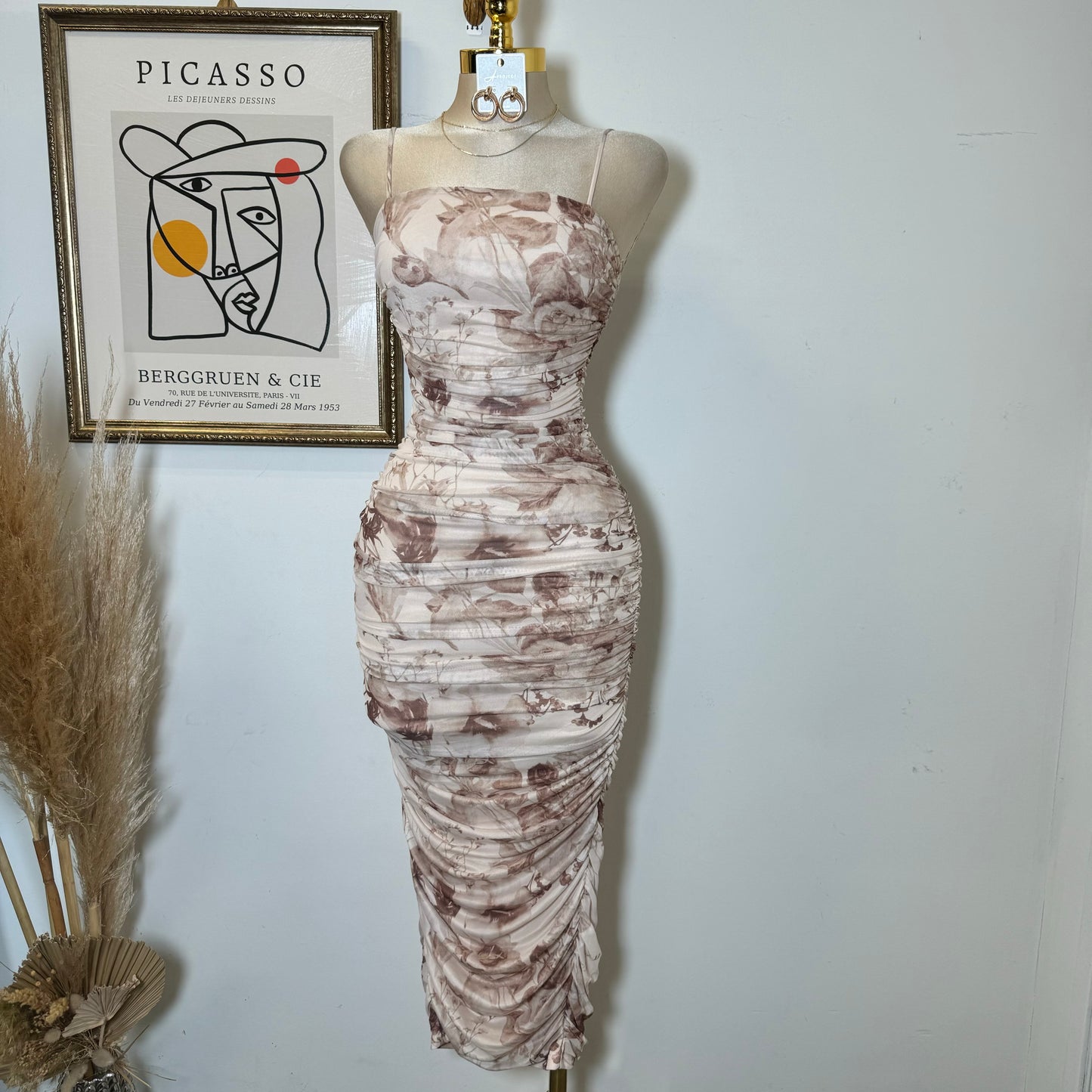 Romantic Floral Print Mesh Ruched Midi Dress-Brown