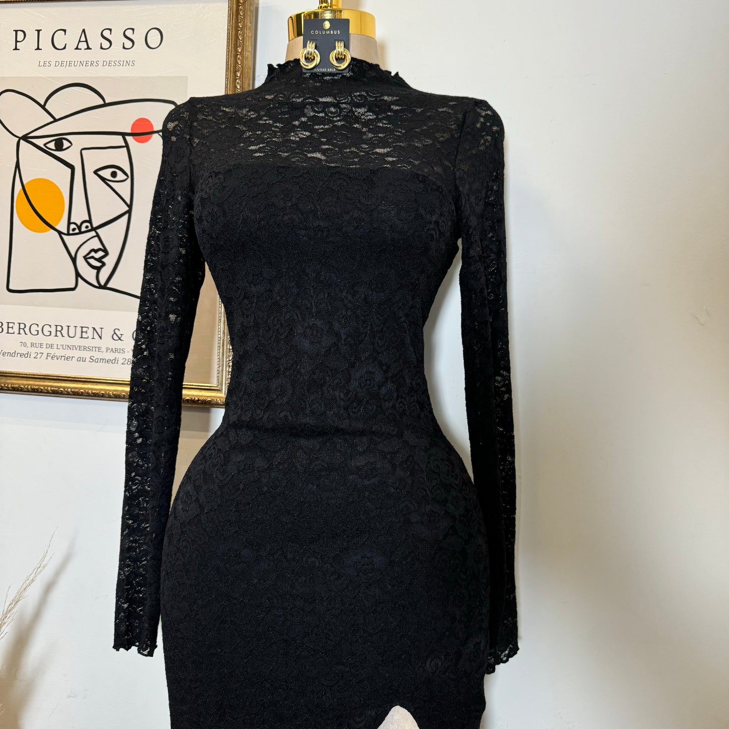 Rosie Lace Midi Open Slit  Dress-Black