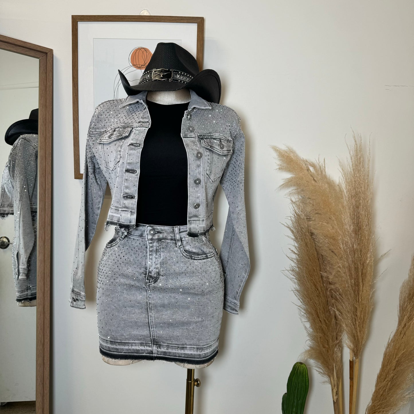 All Rhinestone Denim Jacket -Gray