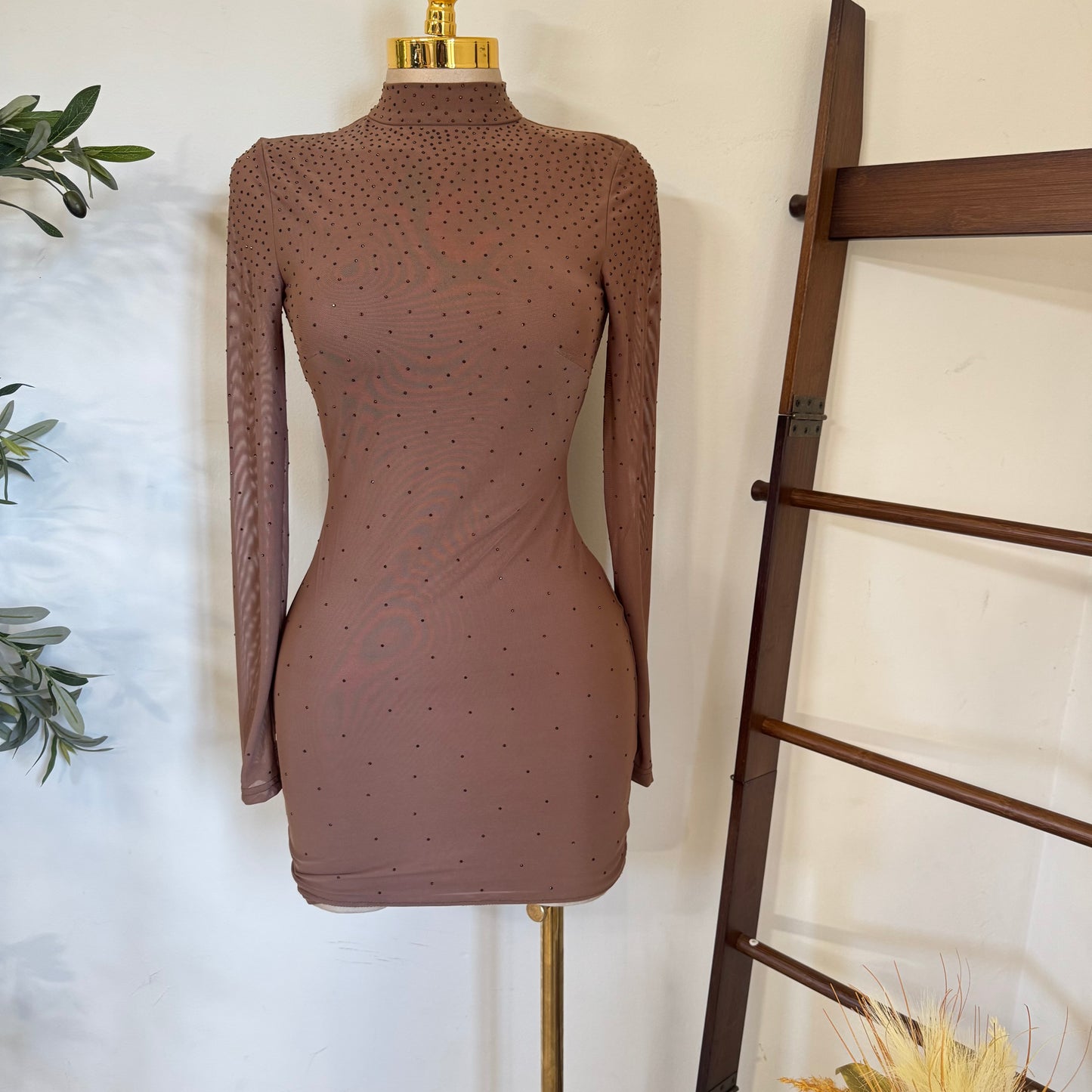 Mesh Mock Dress Rhinestone Open Back Mini Dress-Mocha