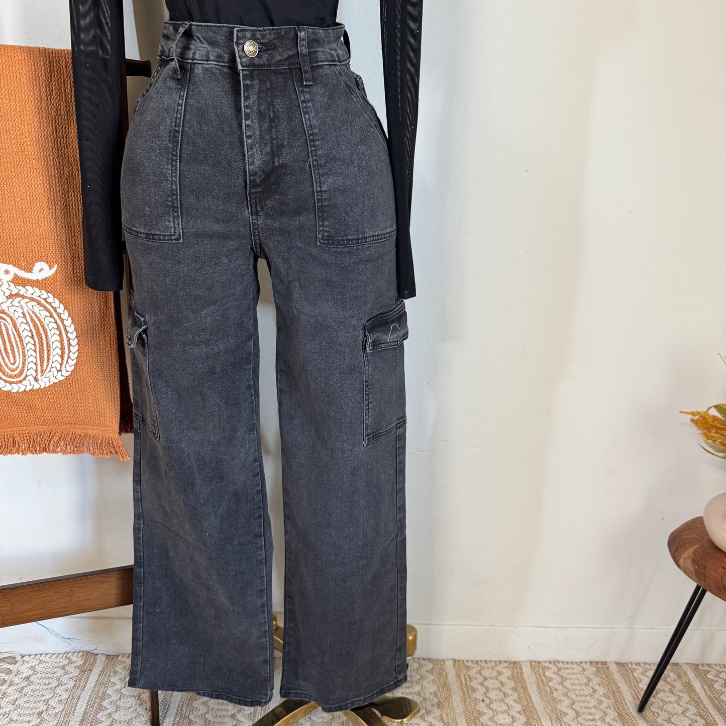 Wide Leg Cargo Jeans- DK Grey Cargo