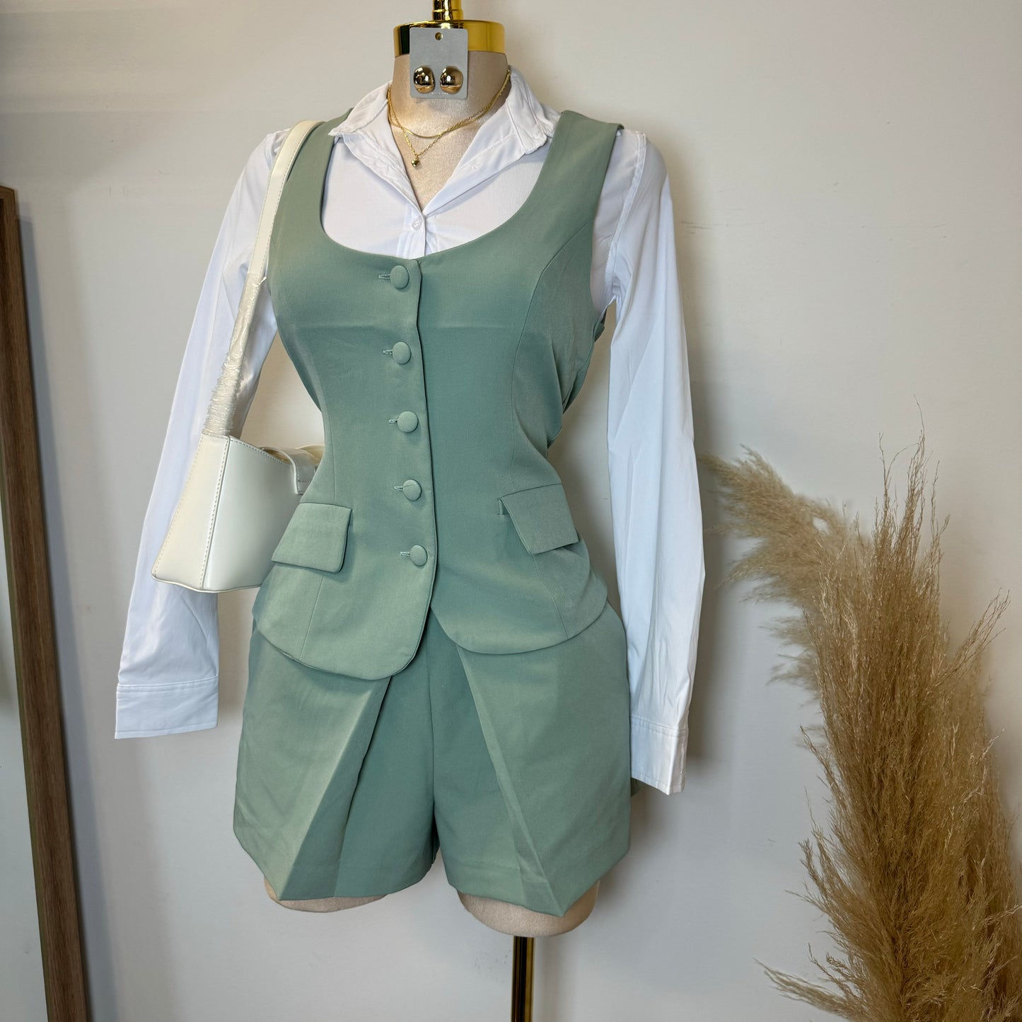 Chic Vest and Skort Set-Sage Green