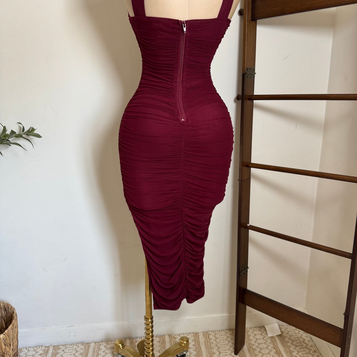 Inara Mesh Twist Halter Neck Midi Dress-Burgundy