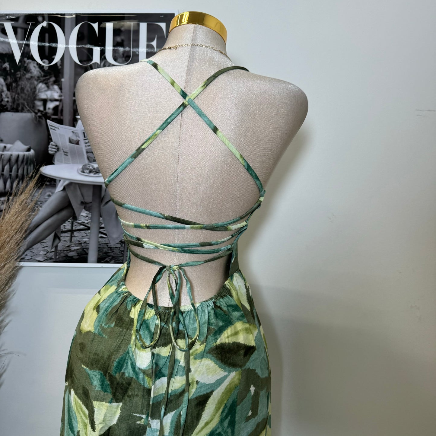 Linen Print Square Neck Back Lace up Jumpsuit-Green