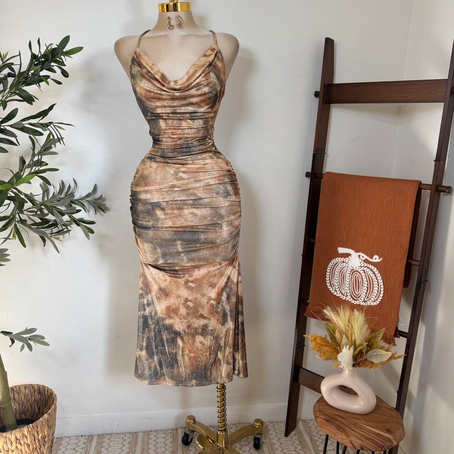 Deep Plunge Halter Neck Ruched A-Line Midi Dress-Brown Gold Multi
