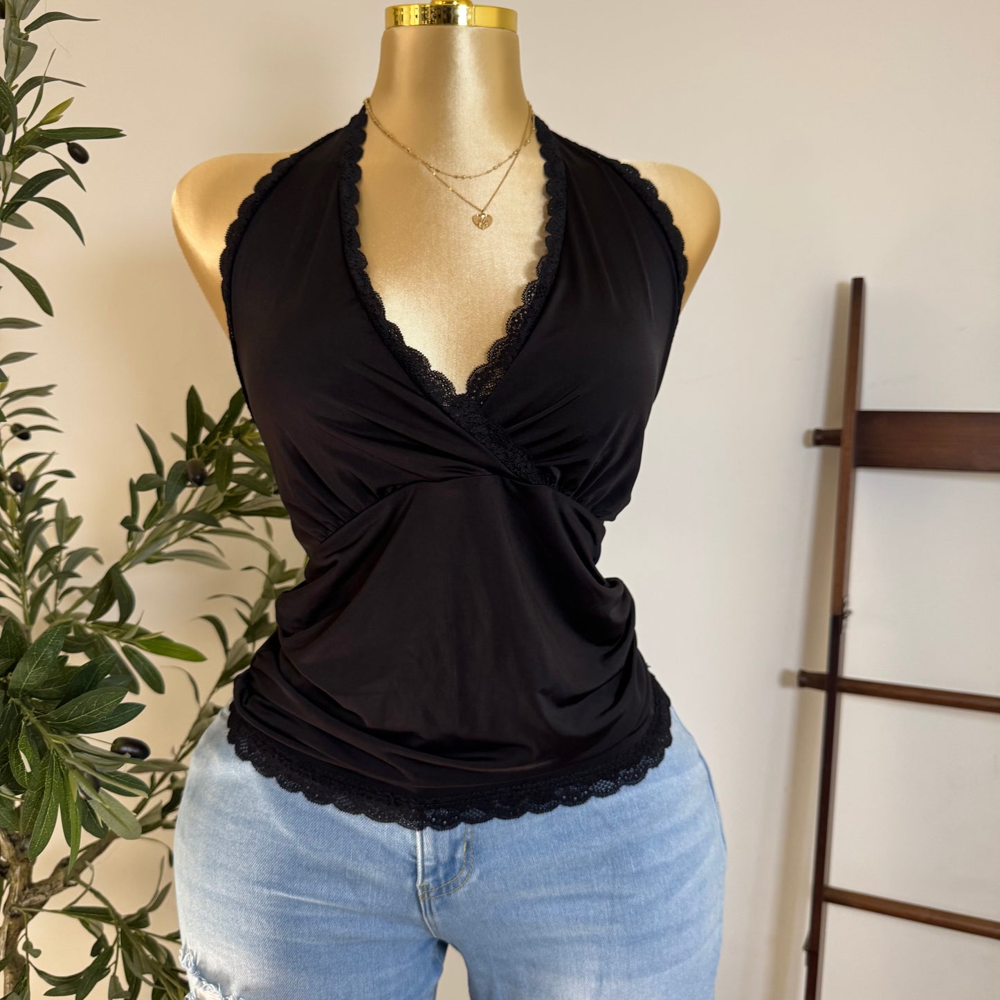 Halter Lace Detail Top PL-Black