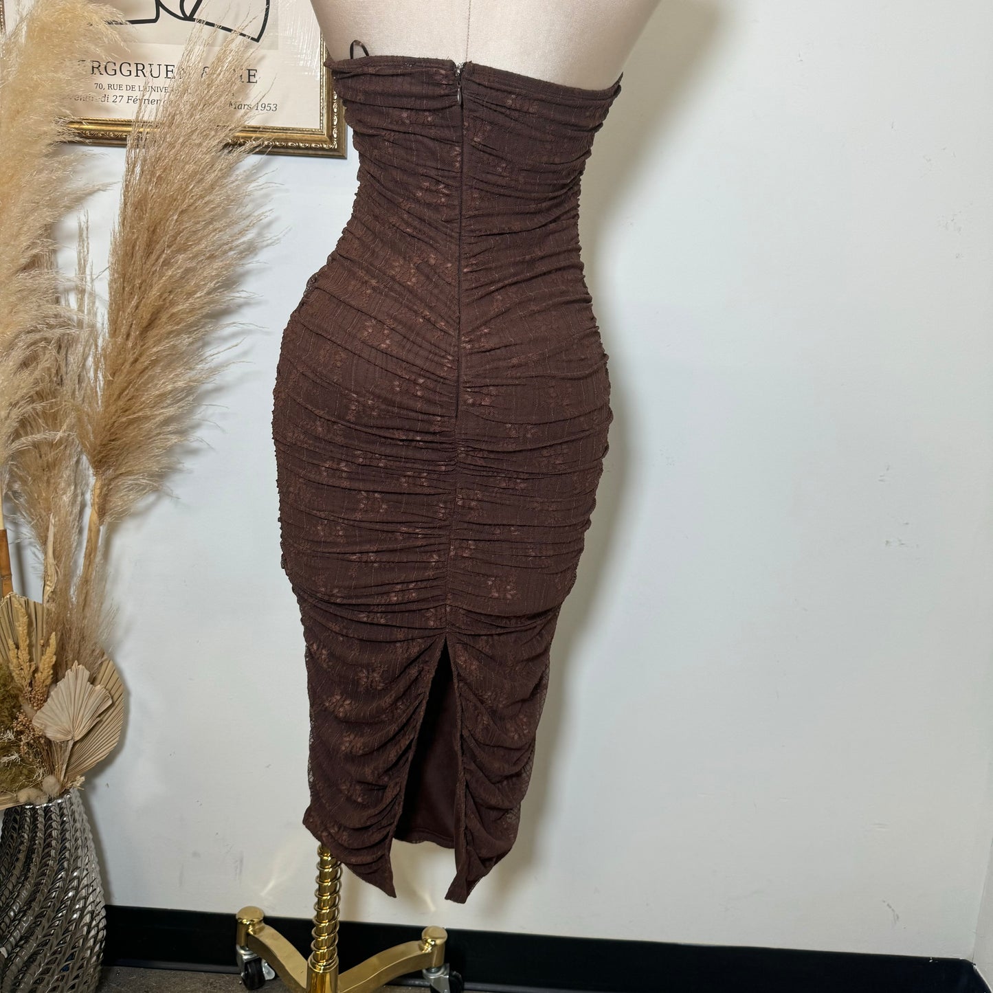 Sweetheart Shape Lace Dress-Brown