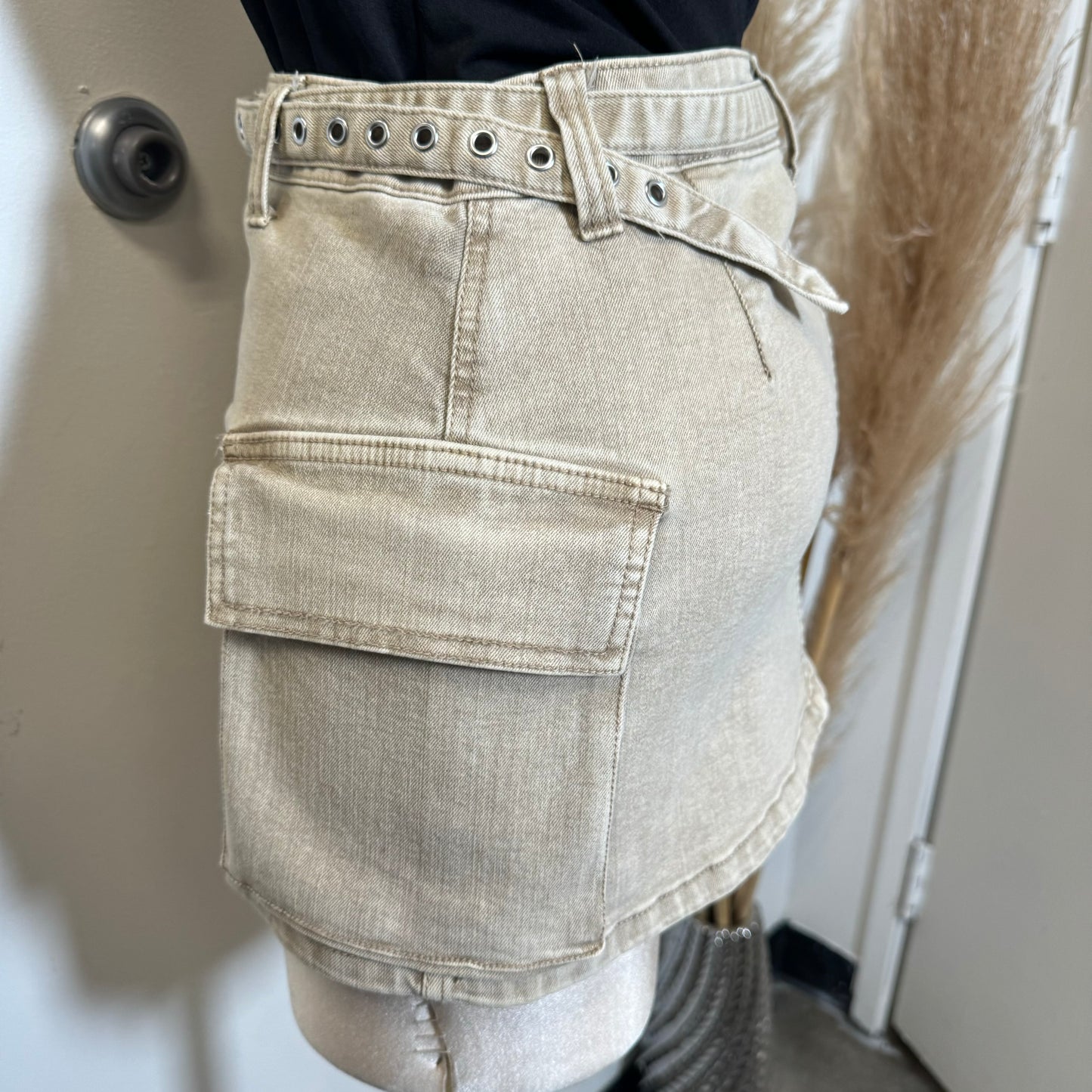 Cargo Belt Mini Skirt-Khaki