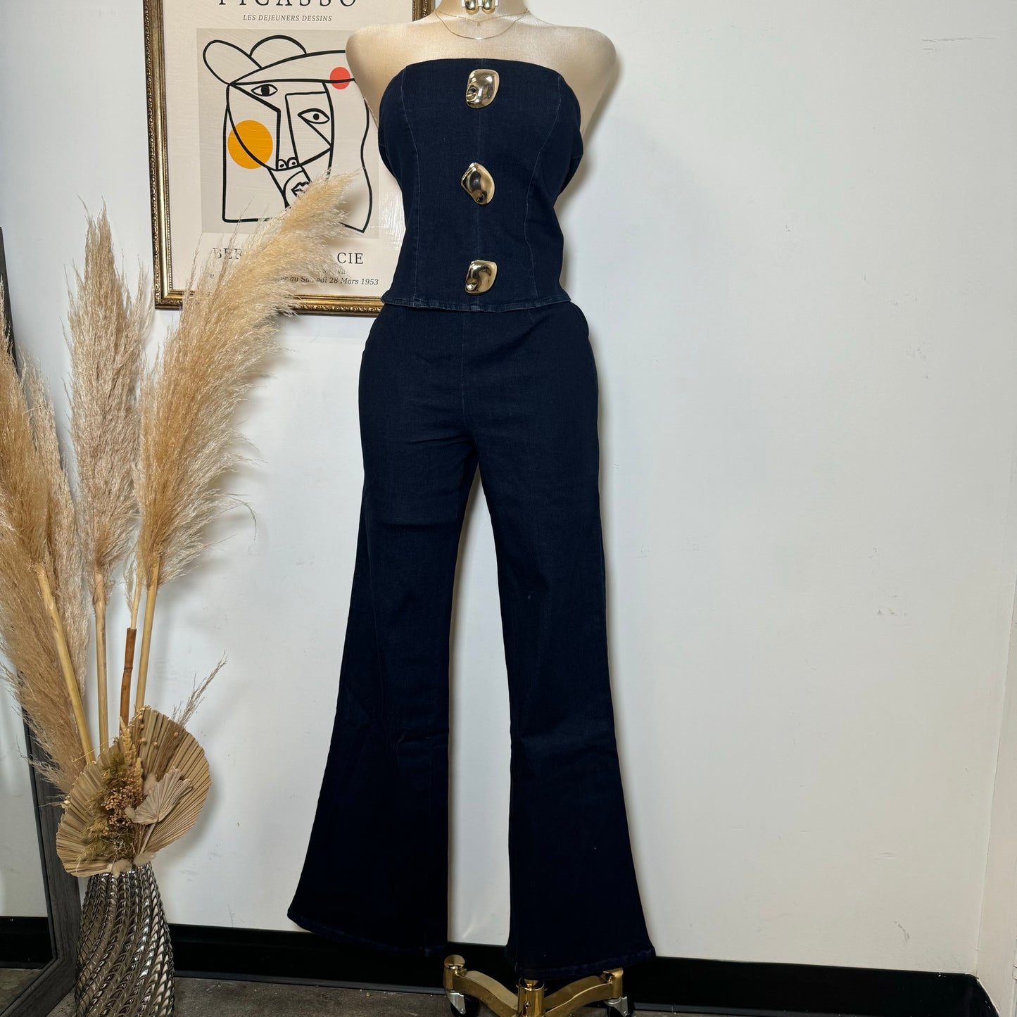 Strapless Denim Pant Set-DK Blue