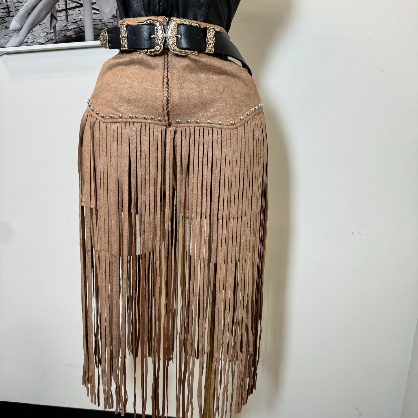 Fringe Stud Suede Shorts-Tan