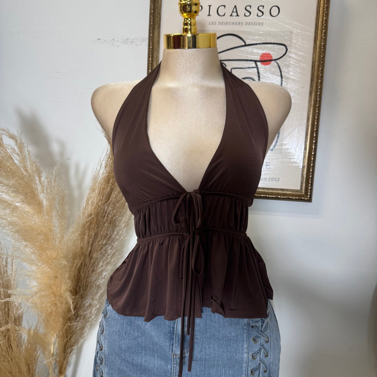Halter Front Tie Venechia Top-Brown