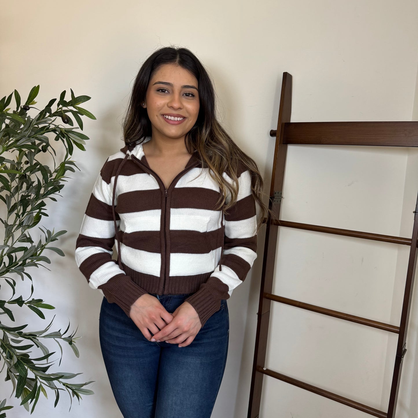 Stripe Hoodie Sweater w/Zip -Brown/Cream