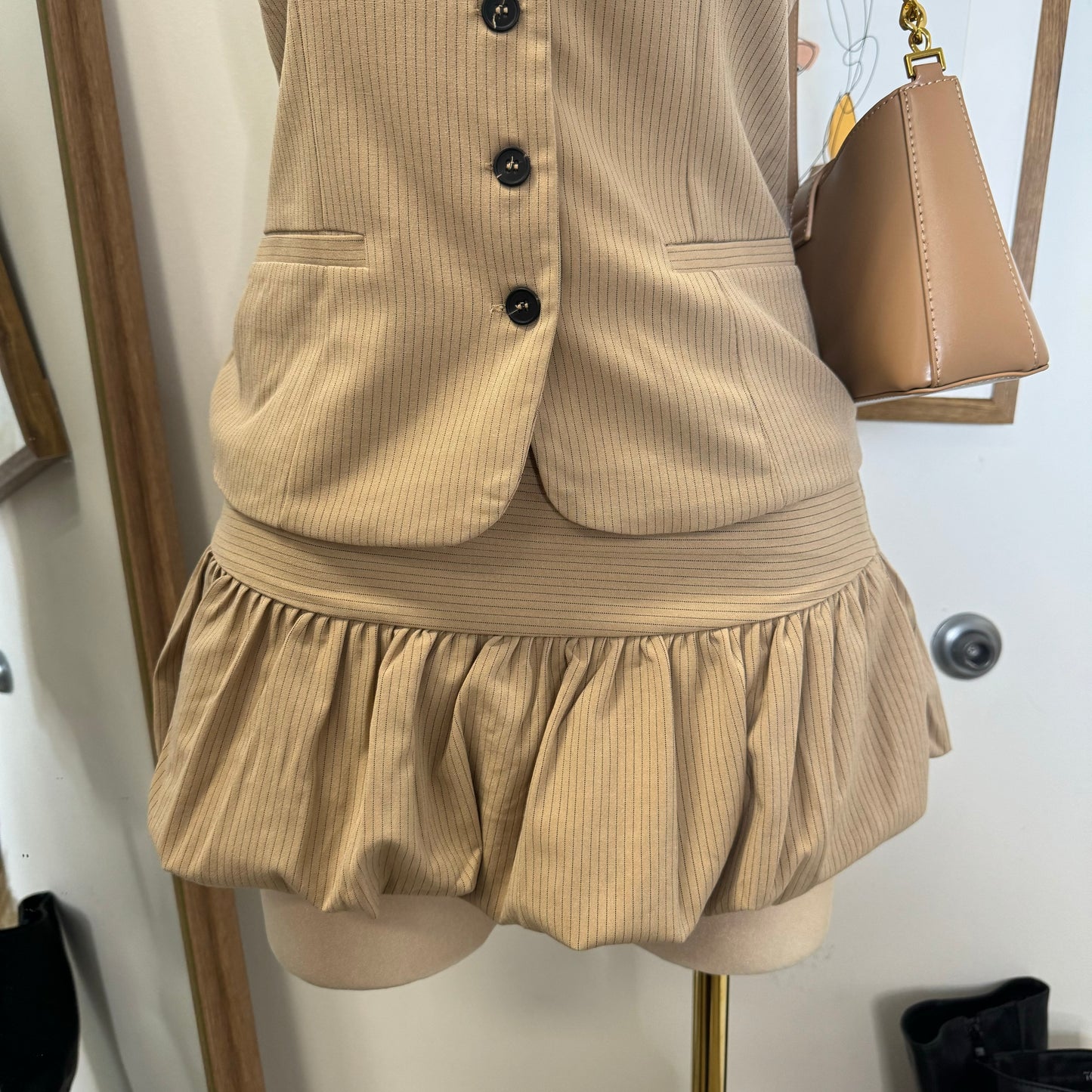 Camila Vest bubble skirt Set-Brown/Black