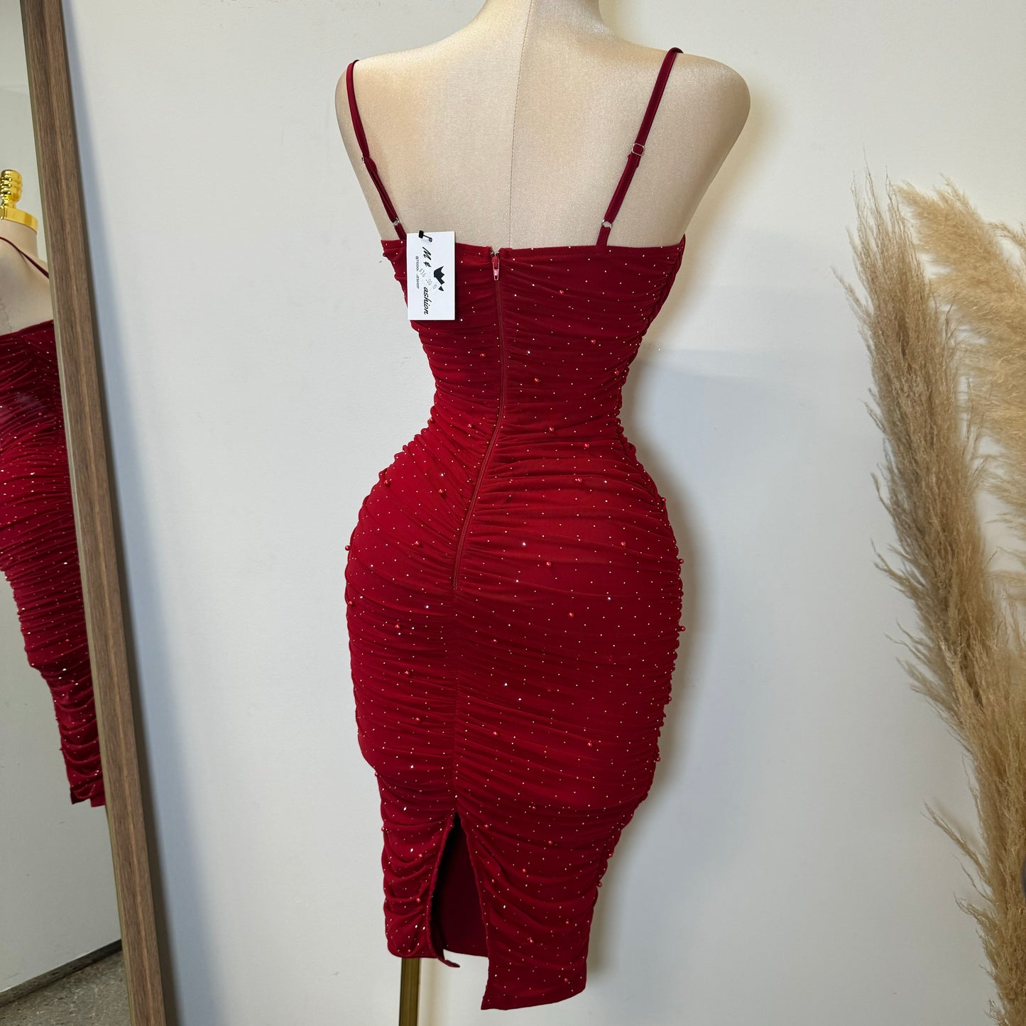 Capri Rhinestone Midi Dress-Red