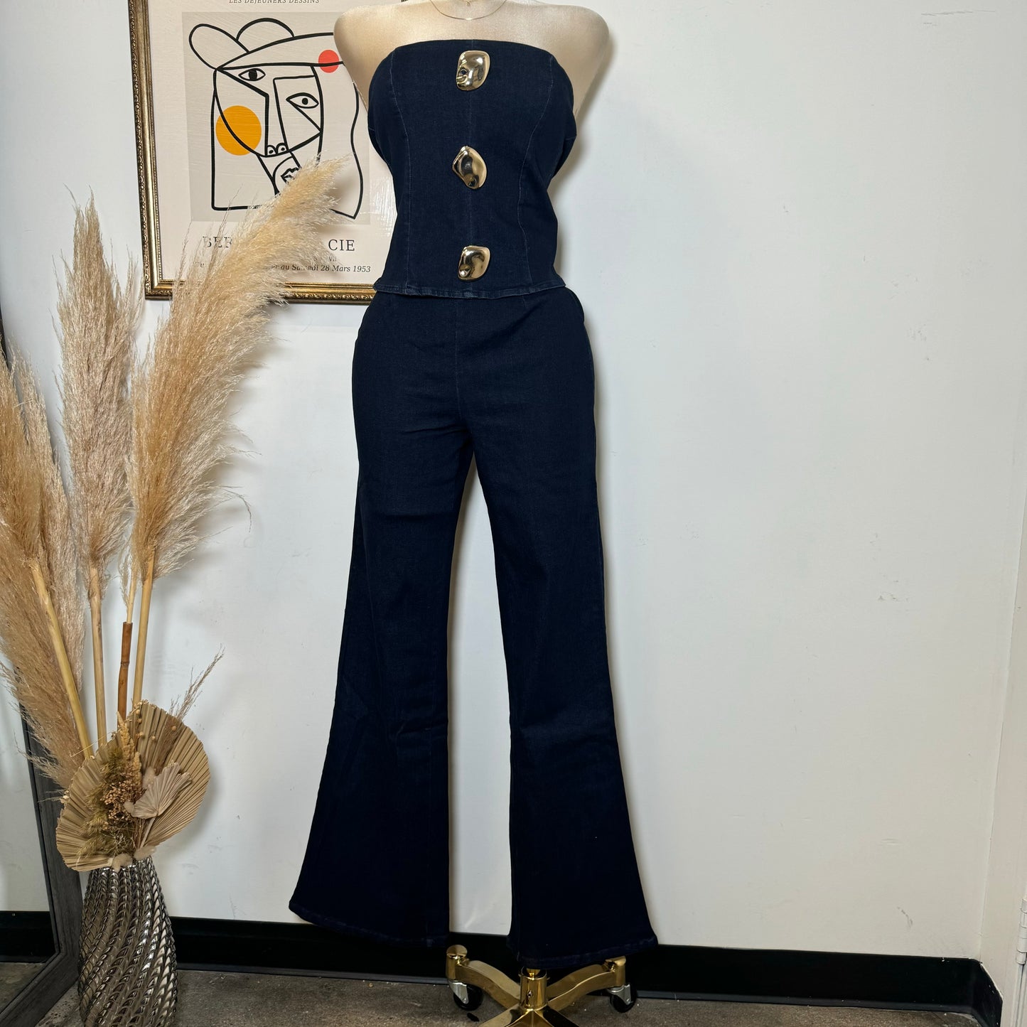 Strapless Denim Pant Set-DK Blue