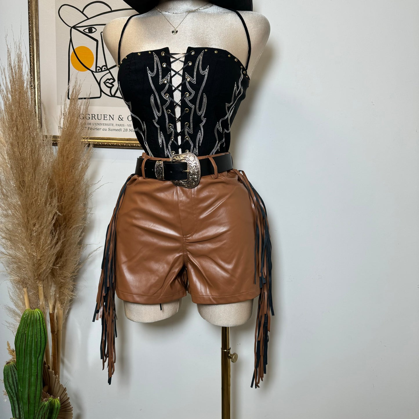 Leather Fringe Shorts-Camel