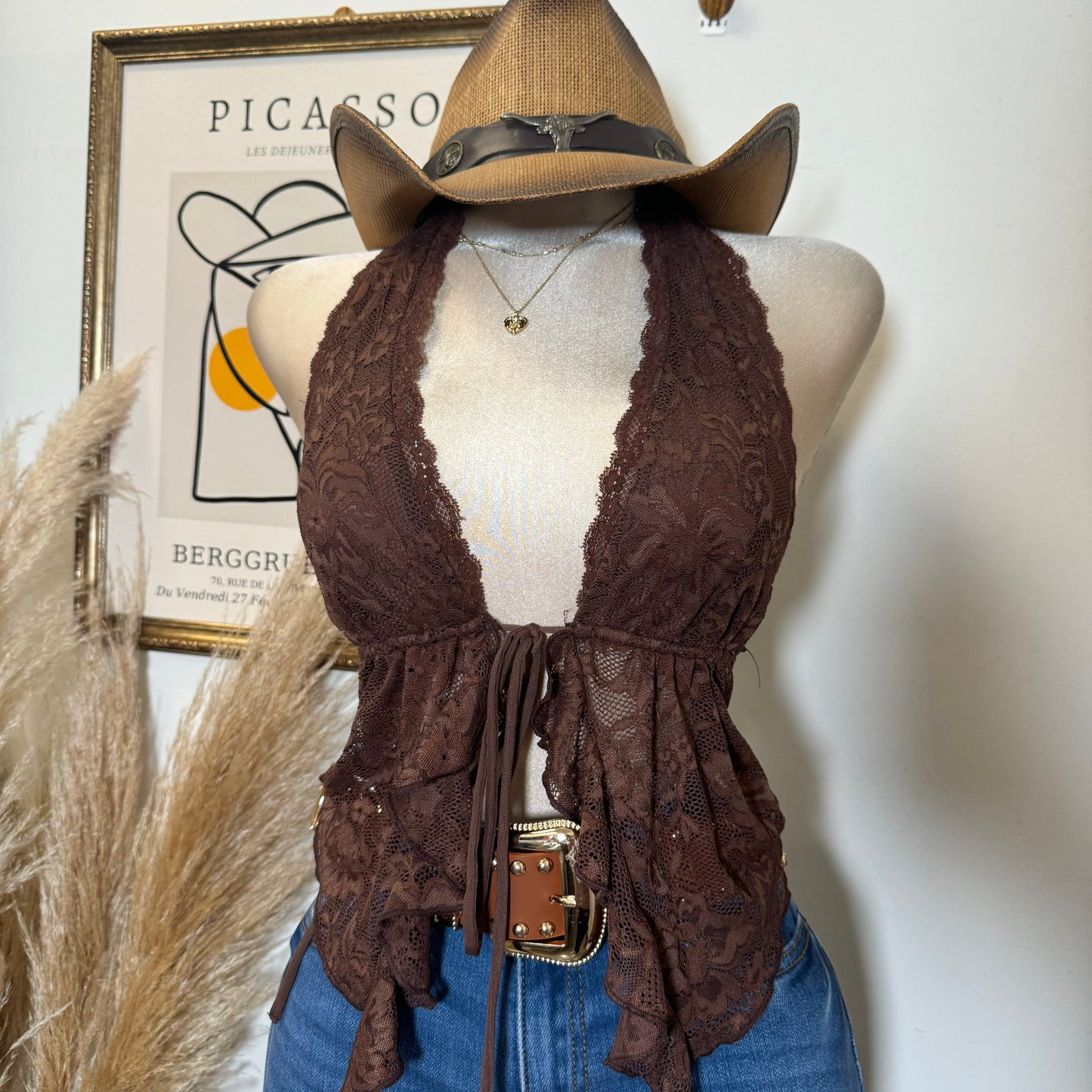 Lace Halter Top-Brown
