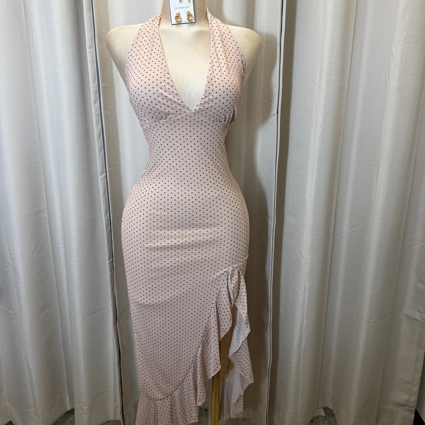 Polka Dot Mesh Halter Maxi Dress-BEIGE
