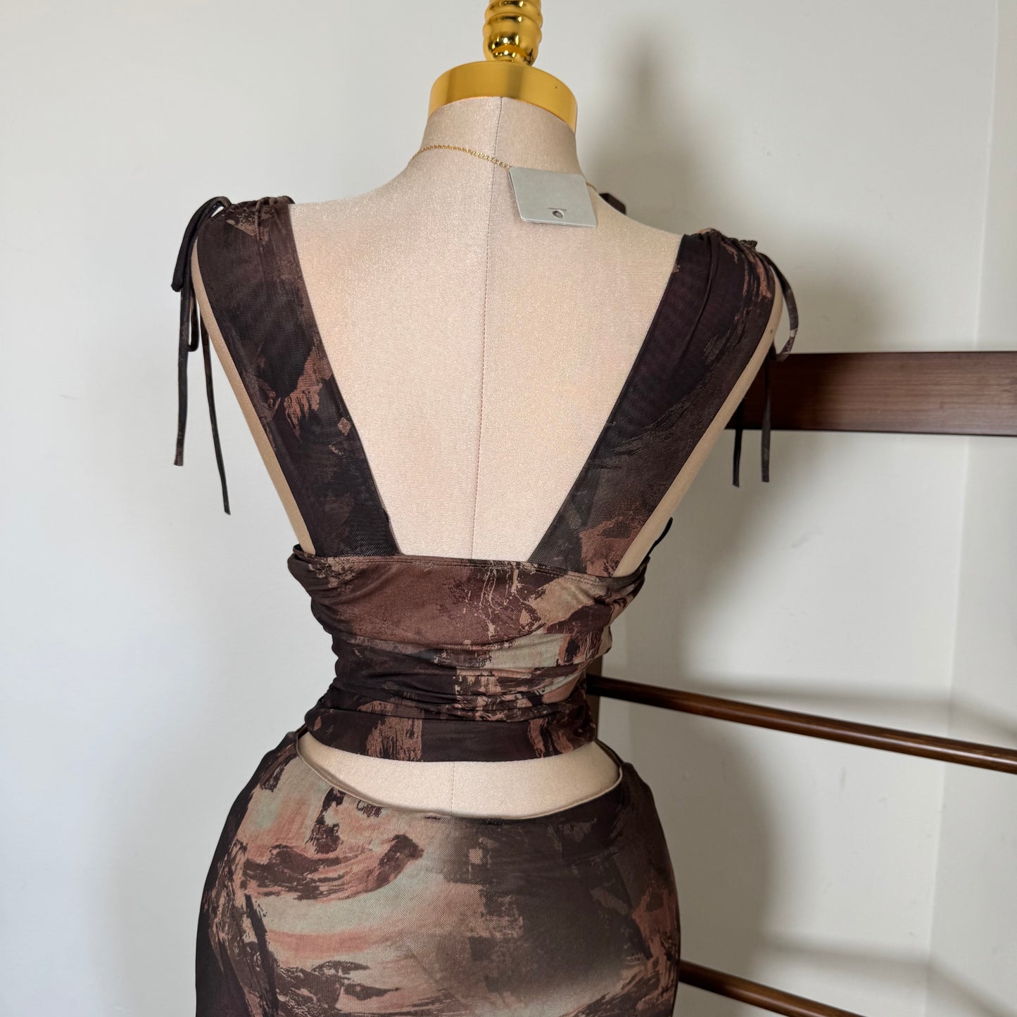 Two Piece Ruched Top Mermaid Maxi Skirt Set-Brown