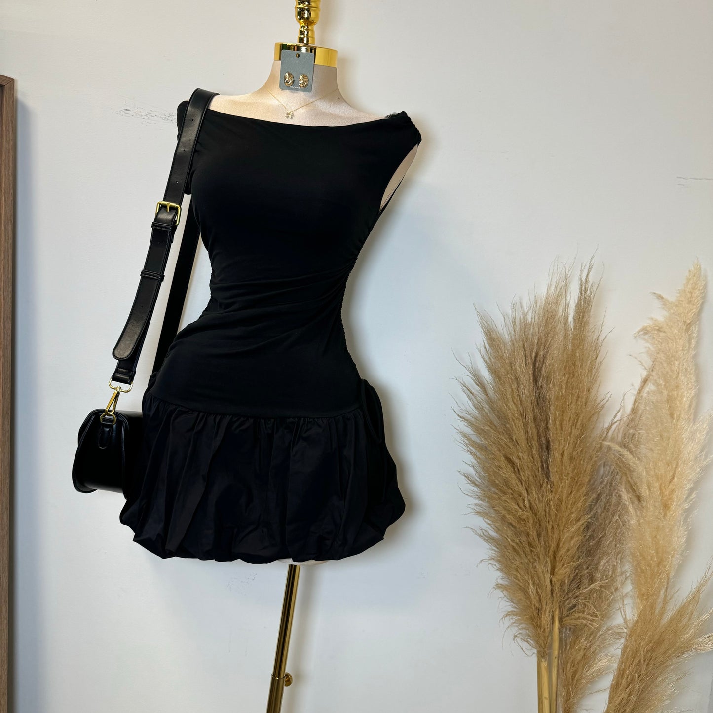 Asymmetric Bubble Dress-Black