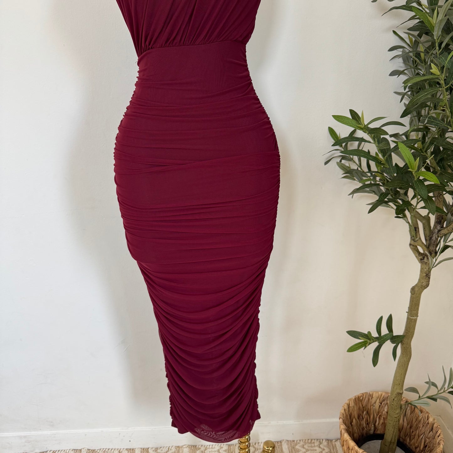 Mesh Off Shoulder Maxi Dress-Burgundy