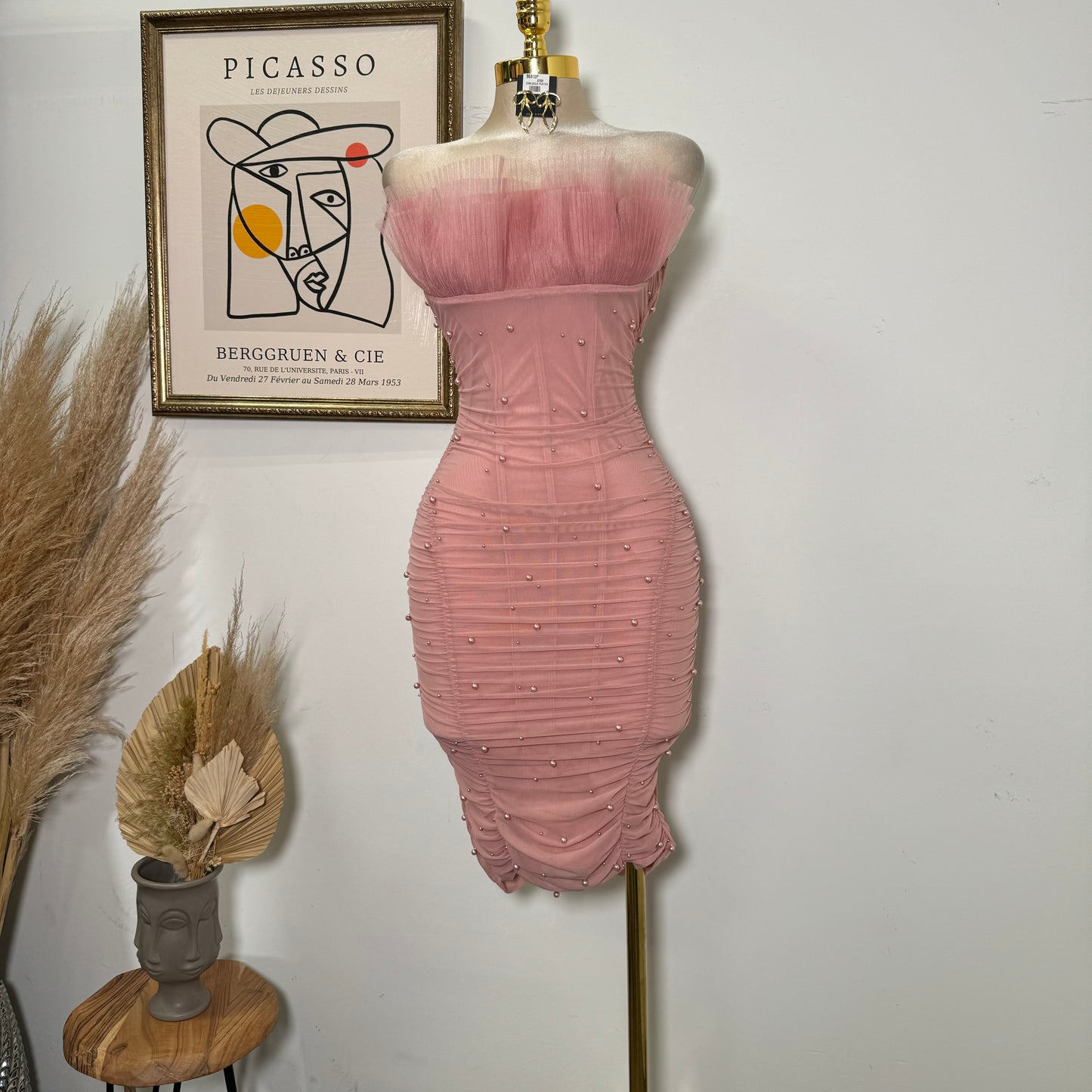 Pearl Bead On Power Mesh Midi Dress-Blush