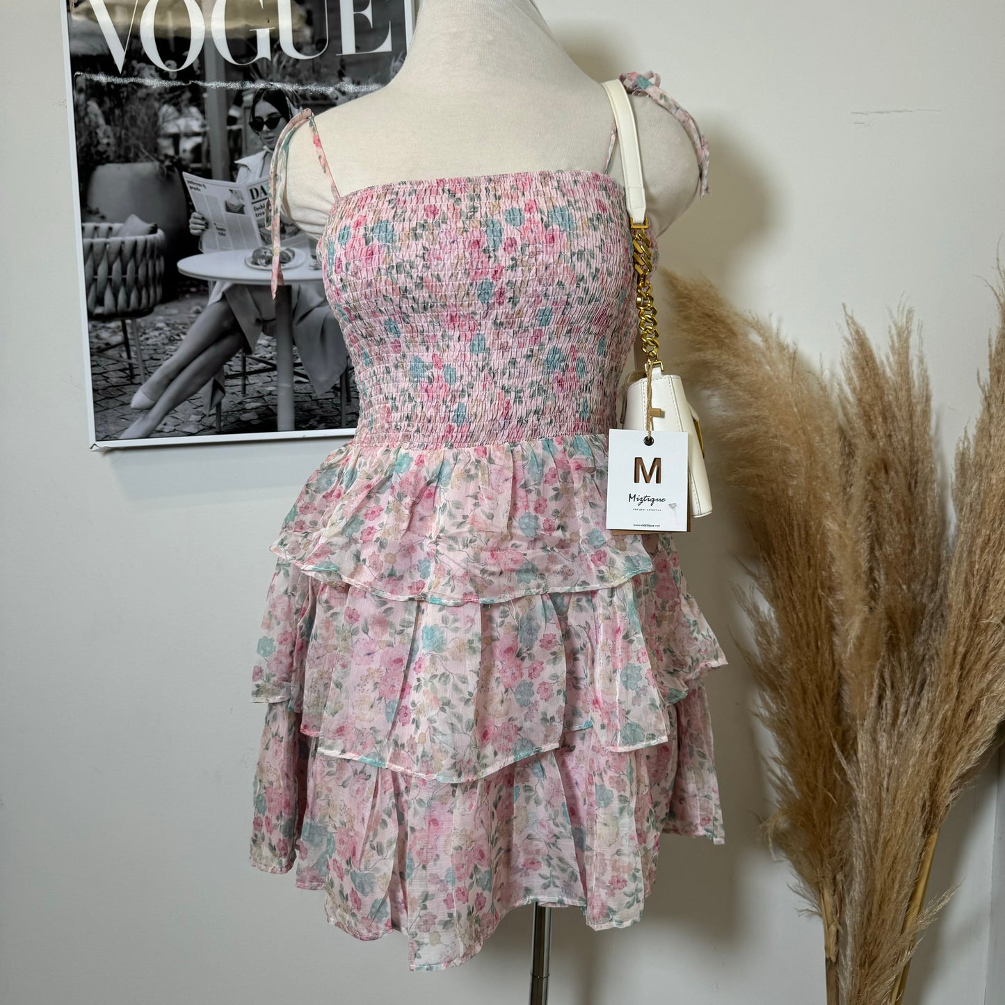 Floral Smoked Tiered Ruffle Dress PL-Pink
