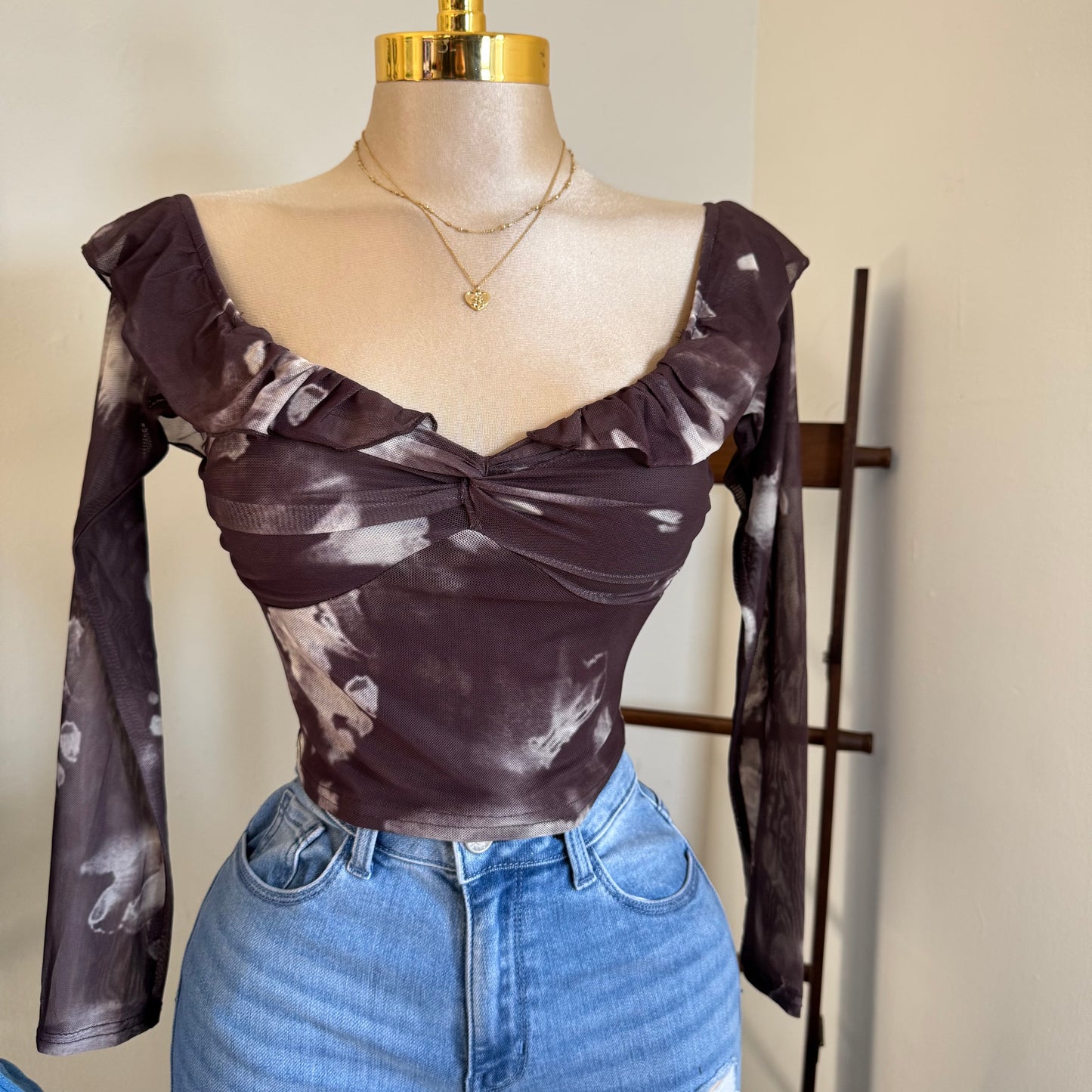 MESH PRINT RUFFLE OFF SHOULDER TWIST FRONT DETAIL LONG SLEEVE TOP