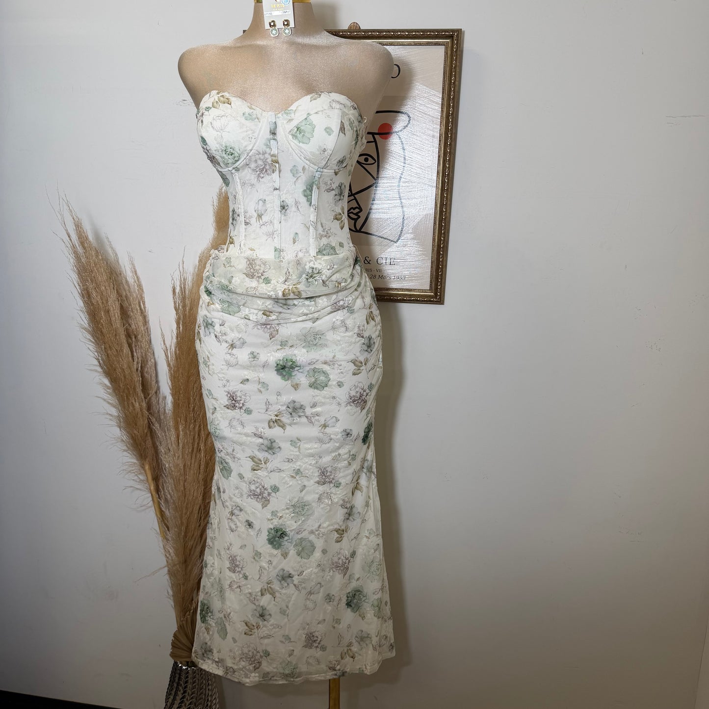 Strapless Floral Print Corset Midi Dress-Green Multi