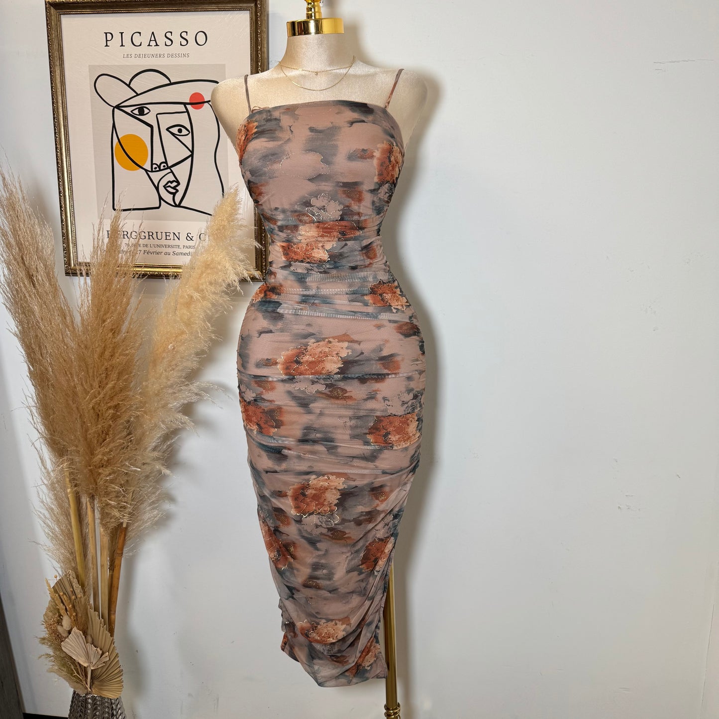 Gold Metallic Mesh Print -Latte
