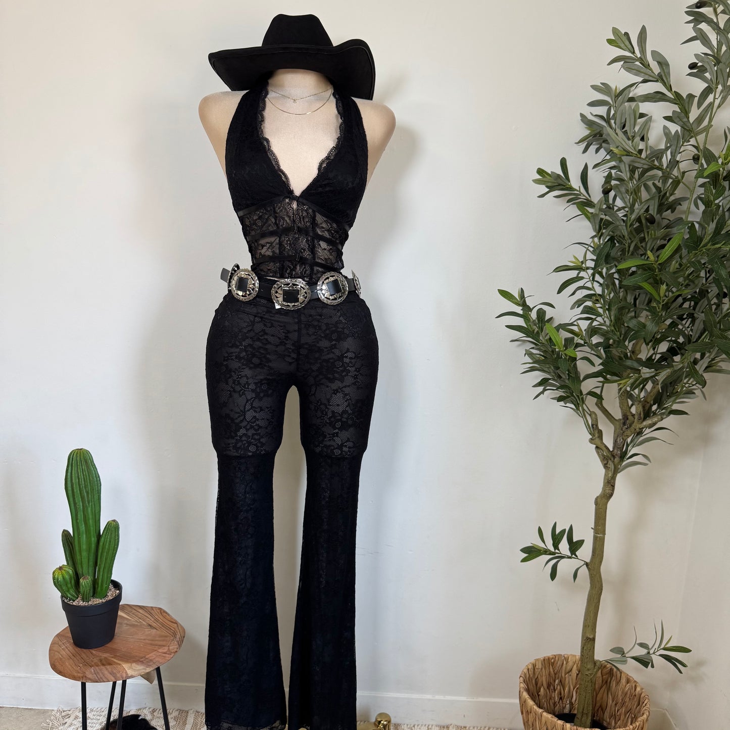 Sexy Lace Halter Pant Set-Black