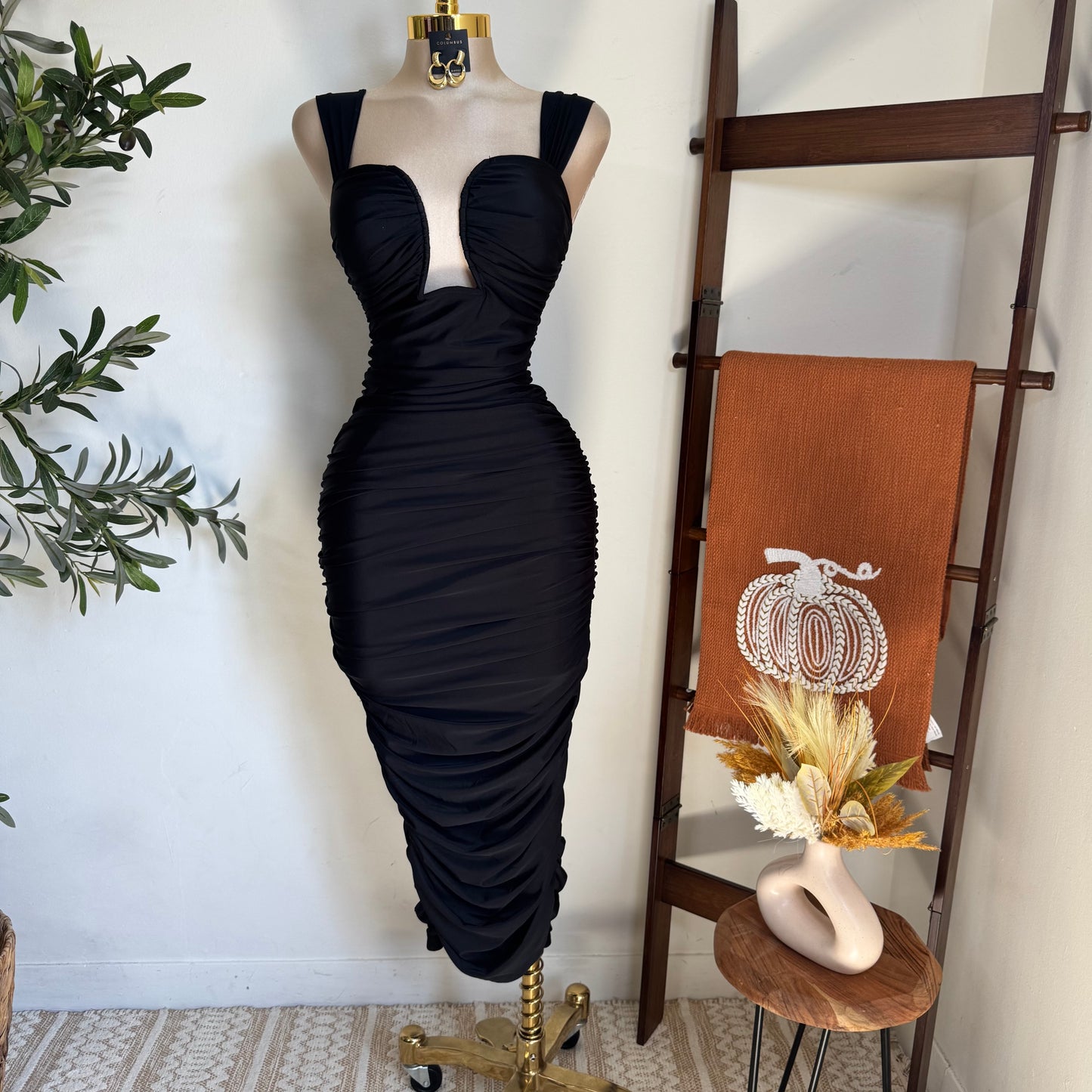 Ruched Midi Dress-Black
