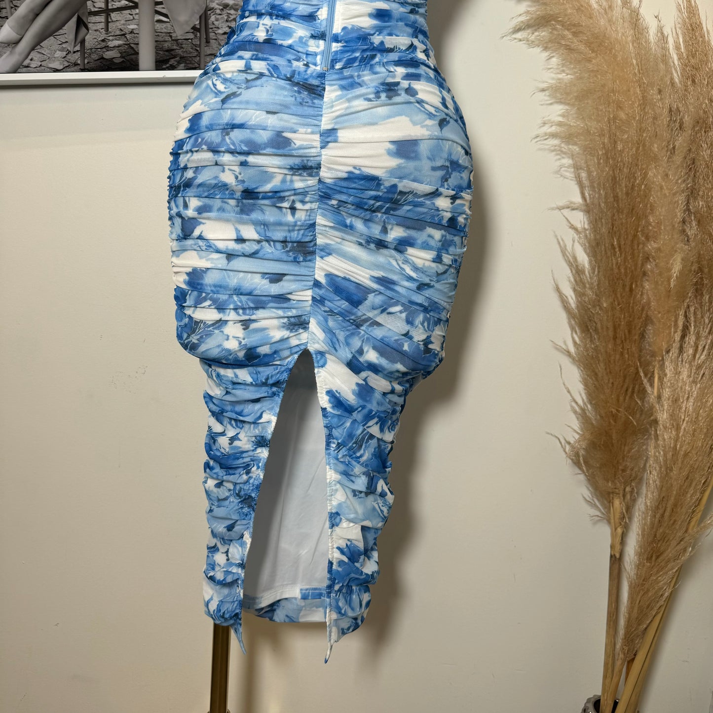 Strapless Mesh Print Dress-Baby Blue/White