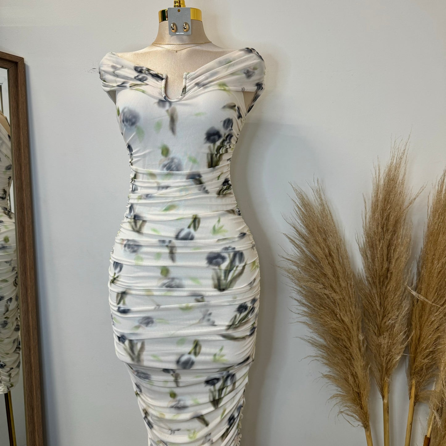 Spring Off shoulder Dress-Cream Multi