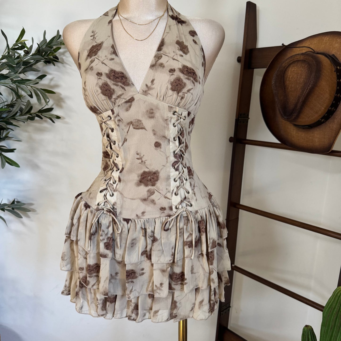 Halter eyelet inset ruffle Flare mini Corset Dress-Brown