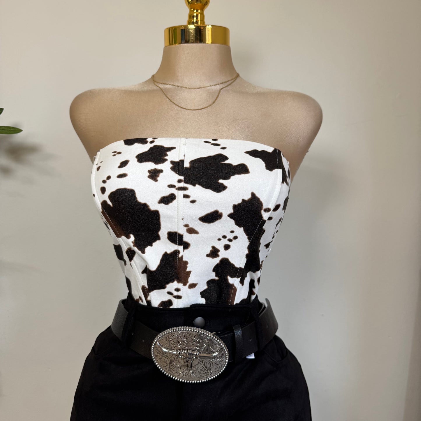 Strapless Cow Print Suede Corset Top