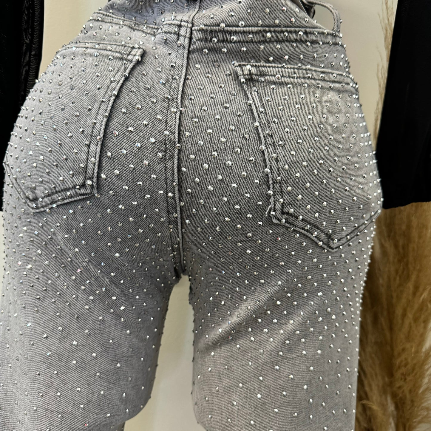 All Rhinestone Pants-Gray