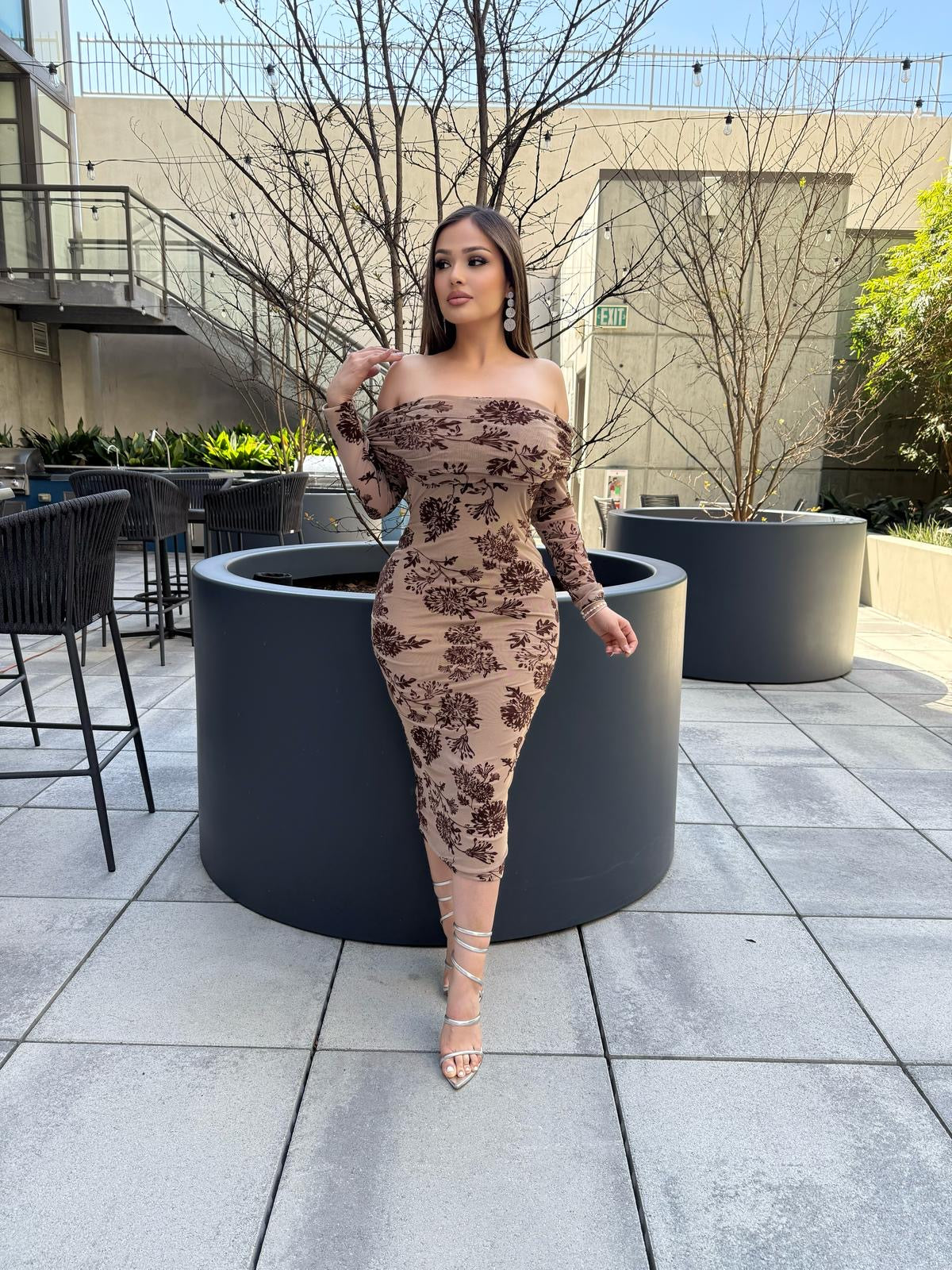 Off Shoulder Mesh Dress-Brown