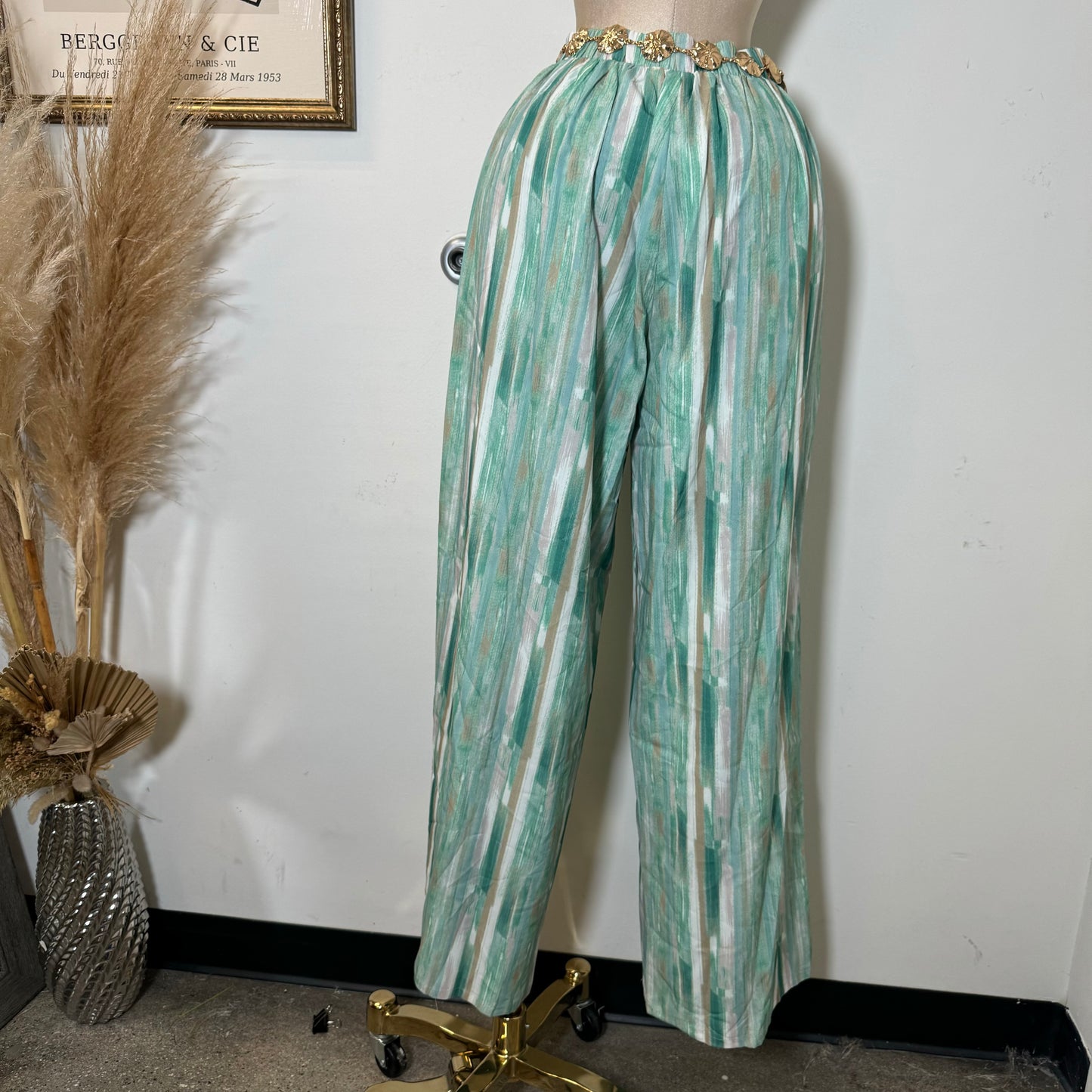 Woven Print Front Tie Crop Cami & Wide Pants-Green