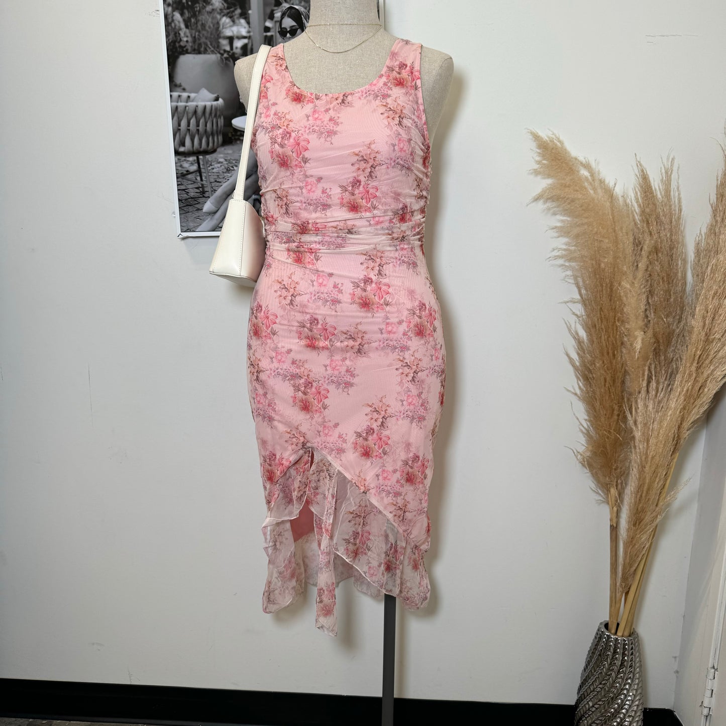 Midi Dress with Sheer Ruffle Detail PL -Pink